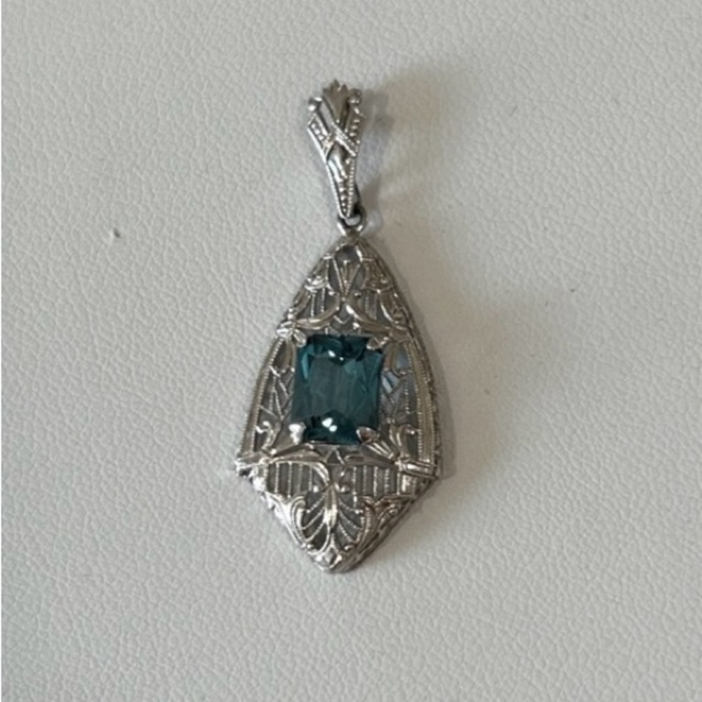SOLD!! Beautiful 10K White Gold with Beautiful Square  Aquamarine Center Pendant